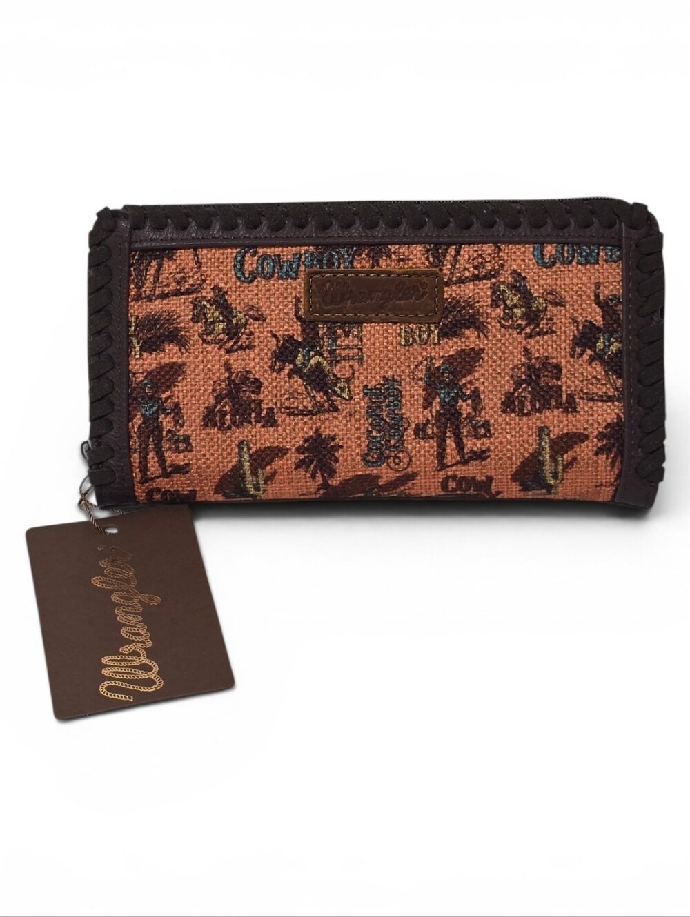 Wrangler Orange Cowboy Print Wallet NWT Western Zip Around Clutch Retro Cowgirl - Picture 1 of 3